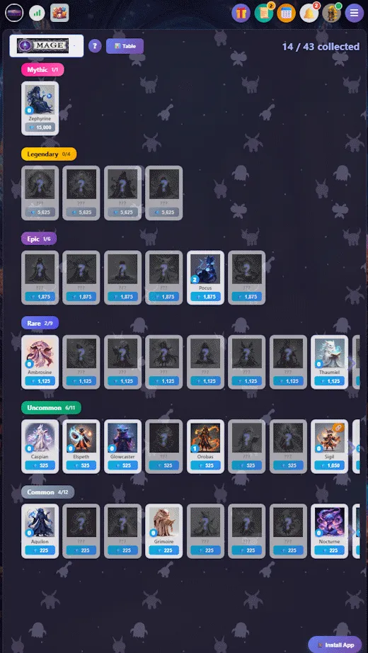 The collection album for one squad: its Glødkin in rows by rarity, with the ones not yet found shown darkened