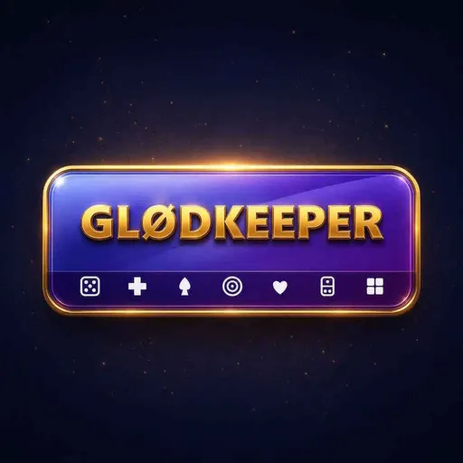 The Glødkeeper logo: a gold wordmark on a violet plaque above a row of game symbols