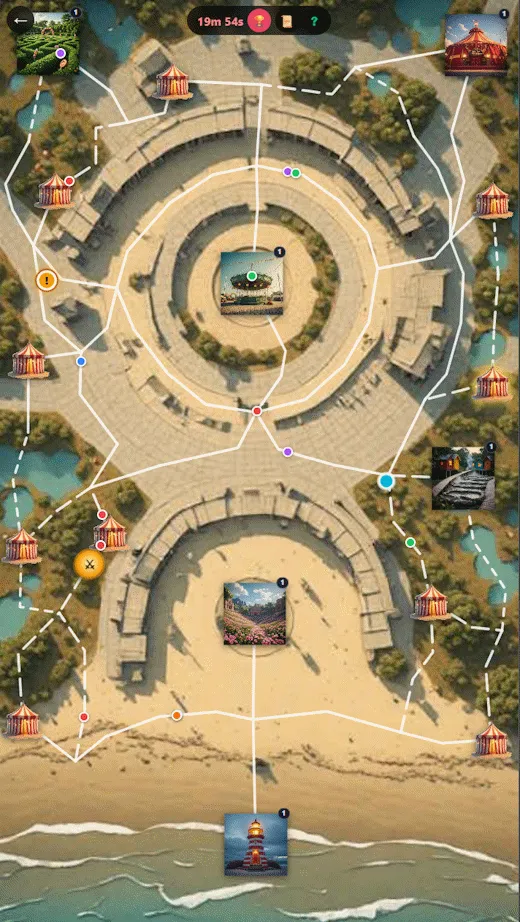 A Territory map seen from above, with places to take and the roads between them