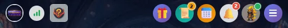 The toolbar along the top of every page: logo, signal bars, page picture, rewards, trials, schedule, notifications, avatar and home